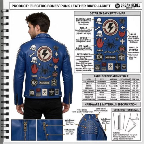 Custom Men's Blue Leather Biker Jacket with Studded & Patchwork Detailing, Punk Rock