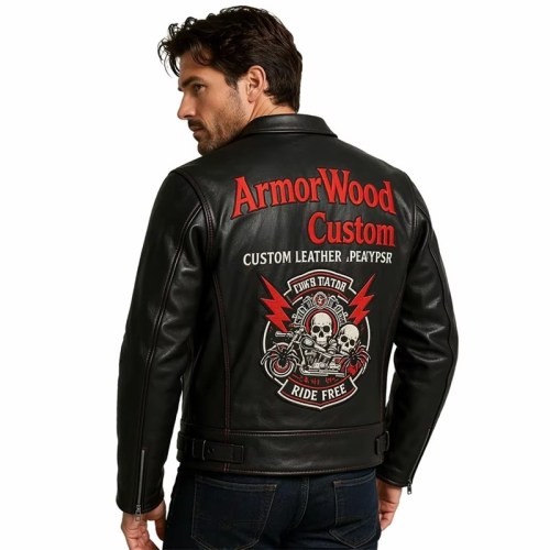 Custom Men's Leather Biker Jacket with Applique Detailing, Custom Made to Order