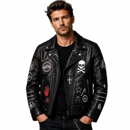 Custom Men's Leather Biker Jacket with Applique Detailing, Custom Made to Order