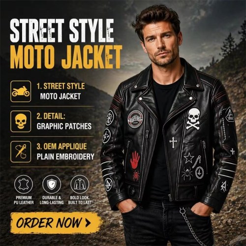 Custom Men's Leather Biker Jacket with Applique Detailing, Custom Made to Order