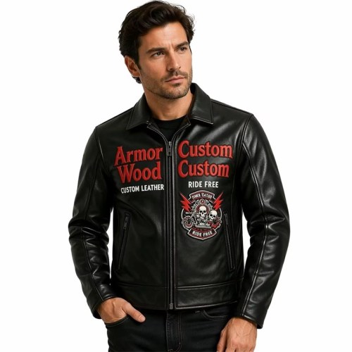 Custom Men's Leather Biker Jacket with Applique & Patchwork Detailing