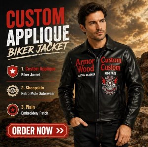 Custom Men's Leather Biker Jacket with Applique & Patchwork Detailing