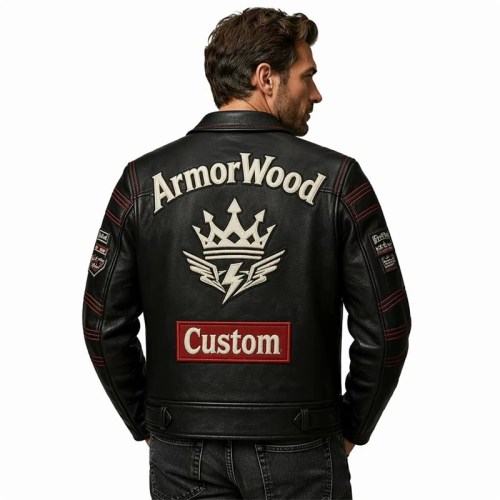 Custom Men's Leather Biker Jacket with Applique & Patchwork Detailing
