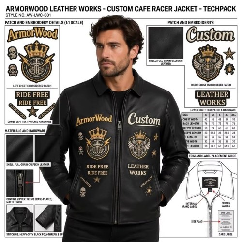 Custom Men's Leather Biker Jacket with Applique Detailing, Cross