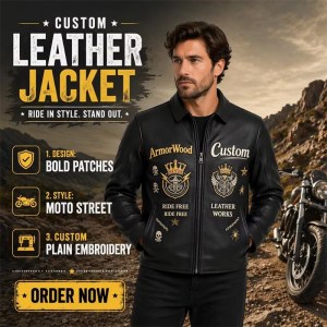 Custom Men's Leather Biker Jacket with Applique Detailing, Cross
