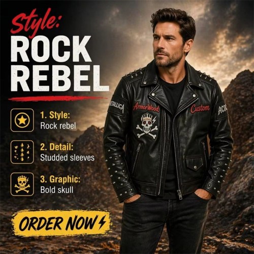 Custom Men's Leather Biker Jacket with Studded Detailing, Skull & Punk Rock