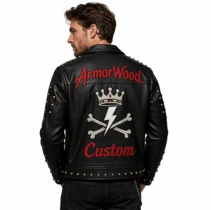 Custom Men's Leather Biker Jacket with Studded Detailing, Skull & Punk Rock