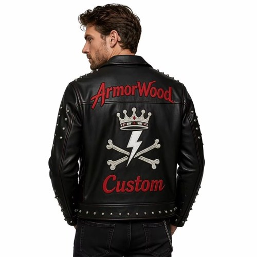 Custom Men's Leather Biker Jacket with Studded Detailing, Skull & Punk Rock
