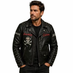 Custom Men's Leather Biker Jacket with Studded Detailing, Skull & Punk Rock