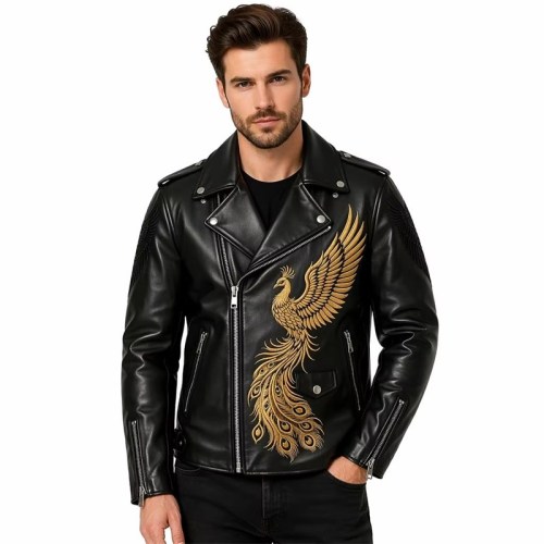 Custom Men's Leather Biker Jacket with Embroidered Detailing
