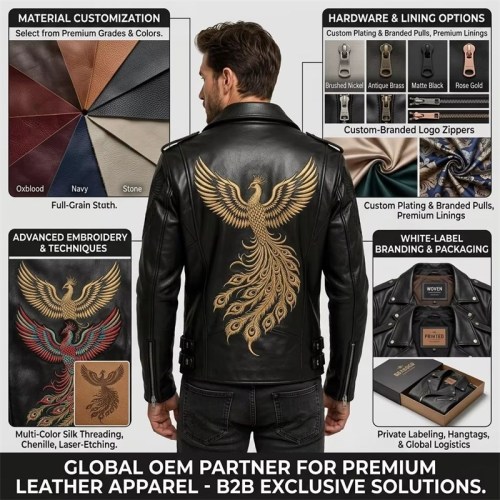 Custom Men's Leather Biker Jacket with Embroidered Detailing