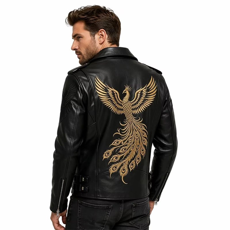 Handmade Gold Phoenix Leather Biker Jacket