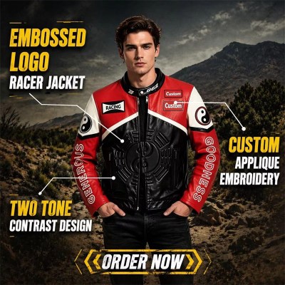 Custom Men's Black & Red Leather Biker Jacket with Two Tone Detailing
