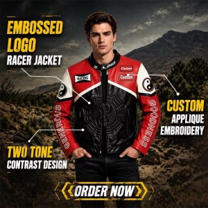 Custom Men's Black & Red Leather Biker Jacket with Two Tone Detailing