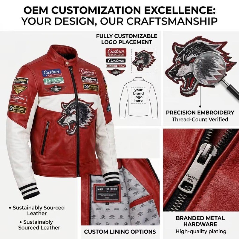 Custom Men's Leather Biker Jacket with Patchwork & Printed Detailing
