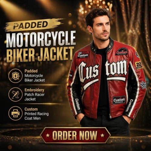 Custom Men's Red & Maroon Leather Biker Jacket with Embroidered & Applique Detailing