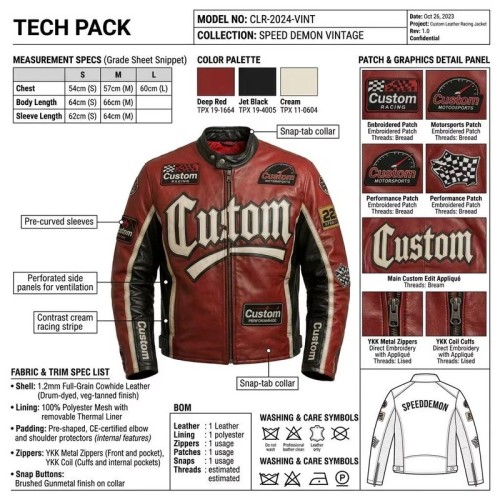 Custom Men's Red & Maroon Leather Biker Jacket with Embroidered & Applique Detailing