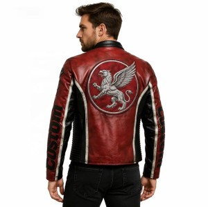 Custom Men's Red & Maroon Leather Biker Jacket with Embroidered & Applique Detailing