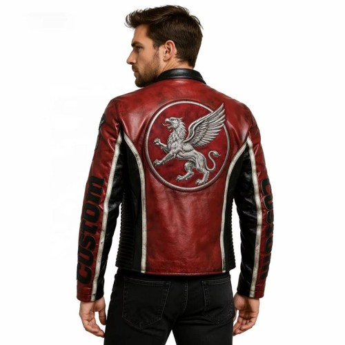 Custom Men's Red & Maroon Leather Biker Jacket with Embroidered & Applique Detailing