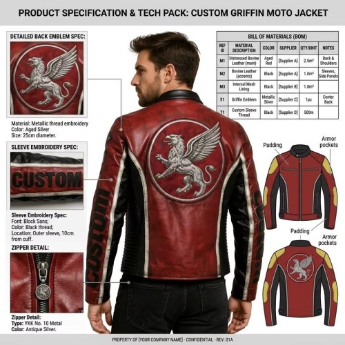 Custom Men's Red & Maroon Leather Biker Jacket with Embroidered & Applique Detailing