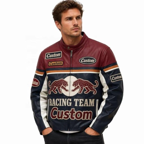Custom Men's Red Cowhide Leather Biker Jacket with Two Tone Detailing, Streetwear & Vintage