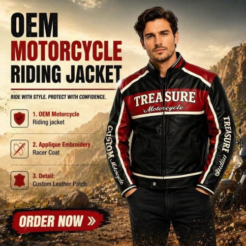 Custom Men's Cowhide Leather Biker Jacket with Embroidered & Applique Detailing, Streetwear