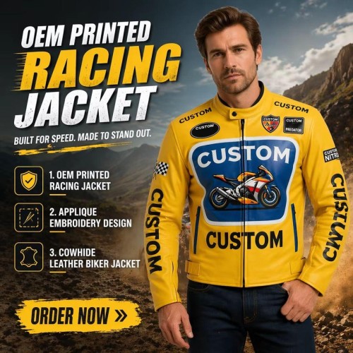 Custom Men's Yellow Cowhide Leather Biker Jacket with Embroidered & Applique Detailing, Gear