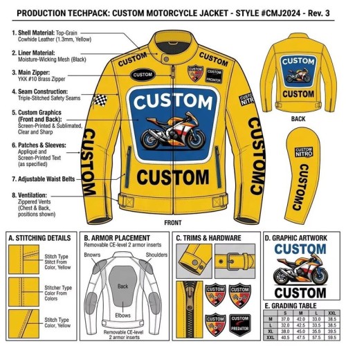 Custom Men's Yellow Cowhide Leather Biker Jacket with Embroidered & Applique Detailing, Gear