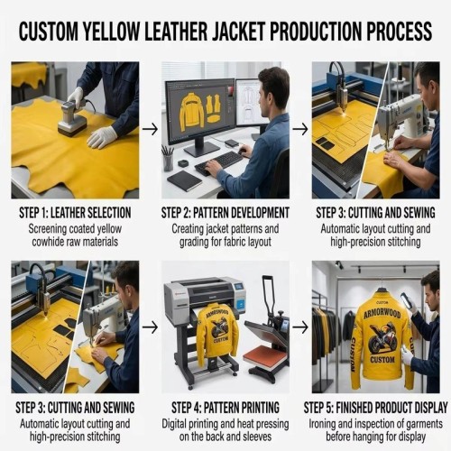 Custom Men's Yellow Cowhide Leather Biker Jacket with Embroidered & Applique Detailing, Gear