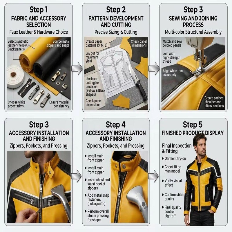 Custom Men's Black & Yellow Leather Biker Jacket with Quilted & Two Tone Detailing