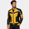 Custom Men's Black & Yellow Leather Biker Jacket with Quilted & Two Tone Detailing