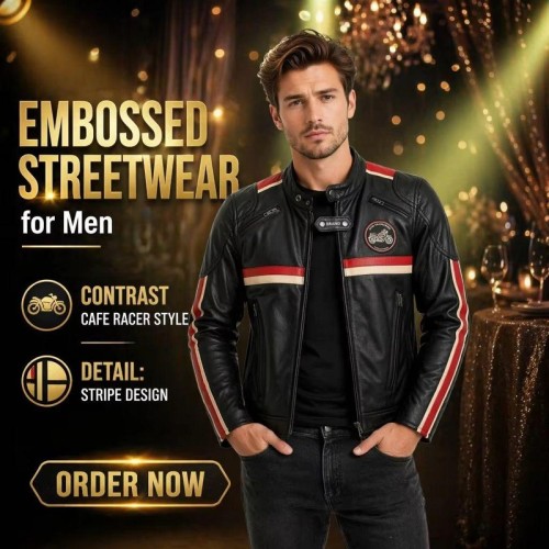 Custom Men's Black & Red Leather Biker Jacket, Slim Fit, Custom Made to Order