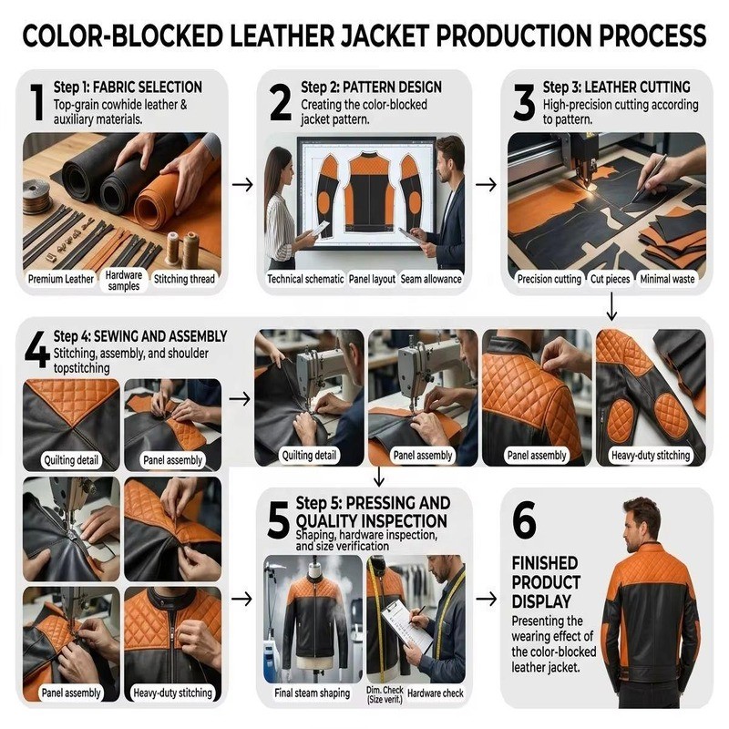 Custom Men's Black & Orange Leather Biker Jacket with Quilted & Two Tone Detailing