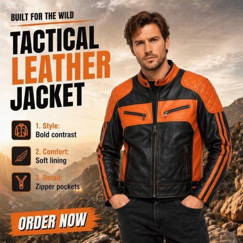 Custom Men's Black & Orange Leather Biker Jacket with Quilted & Two Tone Detailing