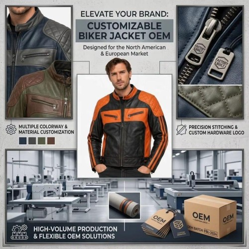 Custom Men's Black & Orange Leather Biker Jacket with Quilted & Two Tone Detailing