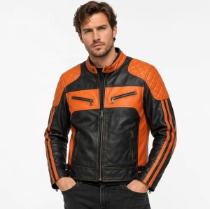 Custom Men's Black & Orange Leather Biker Jacket with Quilted & Two Tone Detailing