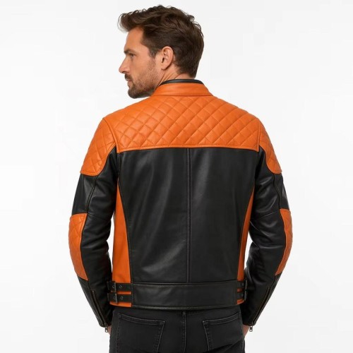 Custom Men's Black & Orange Leather Biker Jacket with Quilted & Two Tone Detailing