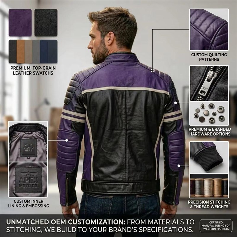 Custom Men's Black & Purple Leather Biker Jacket with Quilted & Two Tone Detailing, Slim Fit