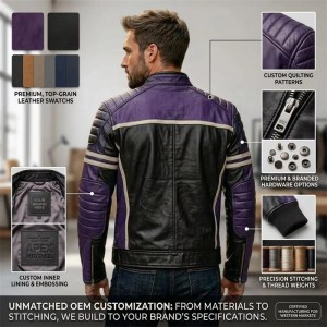 Custom Men's Black & Purple Leather Biker Jacket with Quilted & Two Tone Detailing, Slim Fit