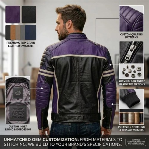 Custom Men's Black & Purple Leather Biker Jacket with Quilted & Two Tone Detailing, Slim Fit