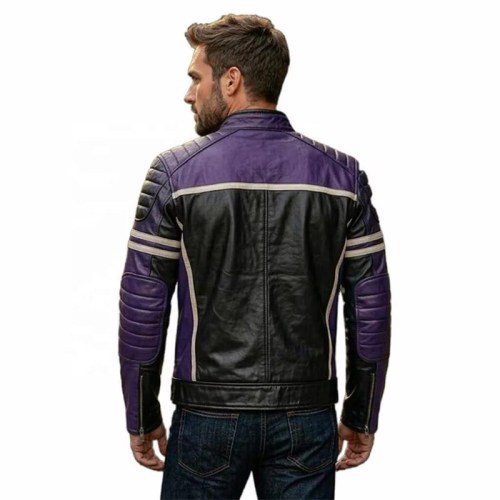 Custom Men's Black & Purple Leather Biker Jacket with Quilted & Two Tone Detailing, Slim Fit