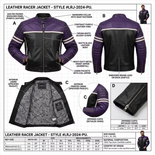 Custom Men's Black & Purple Leather Biker Jacket with Quilted & Two Tone Detailing, Slim Fit
