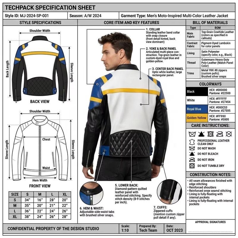 Custom Men's Black & Blue Leather Biker Jacket with Quilted & Two Tone Detailing