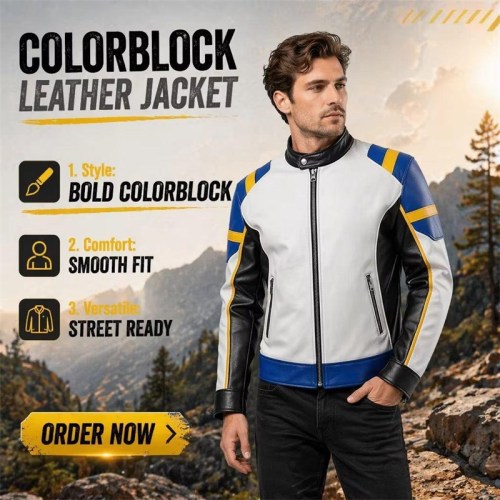 Custom Men's Black & Blue Leather Biker Jacket with Quilted & Two Tone Detailing