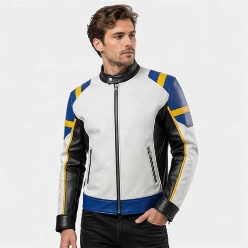 Custom Men's Black & Blue Leather Biker Jacket with Quilted & Two Tone Detailing