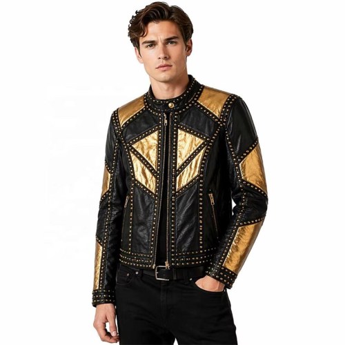 Custom Men's Black Leather Biker Jacket with Studded & Two Tone Detailing