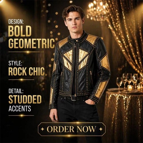 Custom Men's Black Leather Biker Jacket with Studded & Two Tone Detailing
