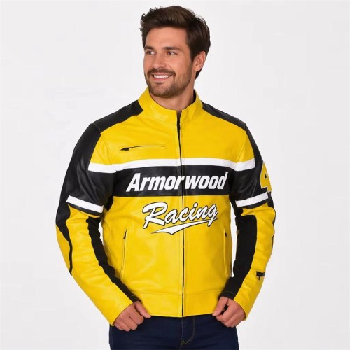 Custom Men's Yellow Leather Biker Jacket with Embroidered & Applique Detailing, Retro