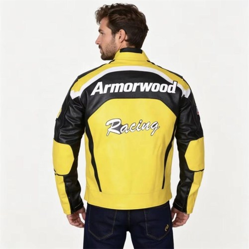 Custom Men's Yellow Leather Biker Jacket with Embroidered & Applique Detailing, Retro