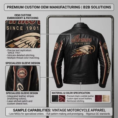 Custom Men's Black Cowhide Leather Biker Jacket with Embroidered & Applique Detailing, Streetwear